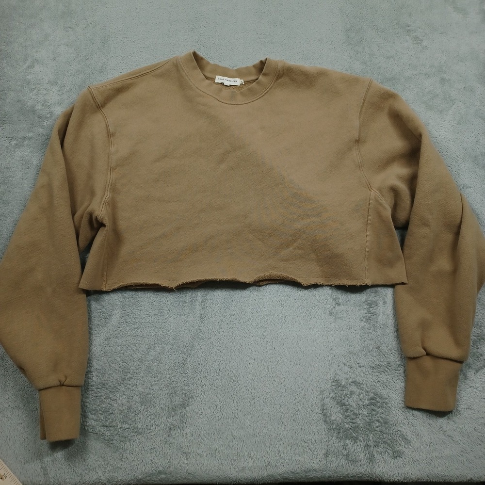 Good American Sweater Womens‎ 2 Brown Fleece Cropped Long Sleeve Pullover Casual